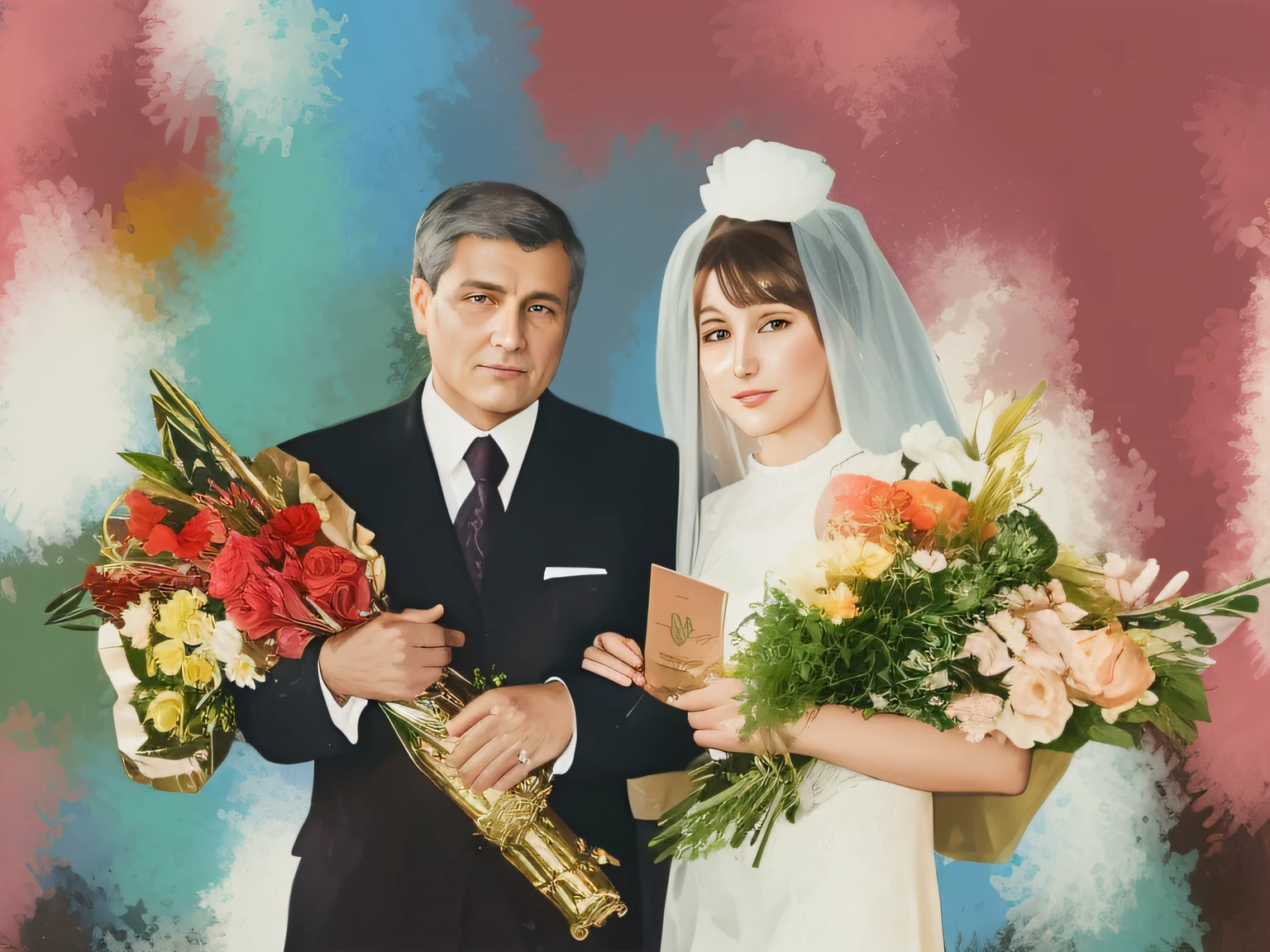 A man and a woman stand next to each other, holding flowers, Wedding photo, Posing for a photo, airbrush digital oil painting, alina ivanchenko, in the style of oil painting, color portrait, digital art portrait, detailed color portrait, High Quality Portrait, maia sandu hyperrealistic, digital art of an elegant, stylized portrait, digital illustration portrait, digital art image