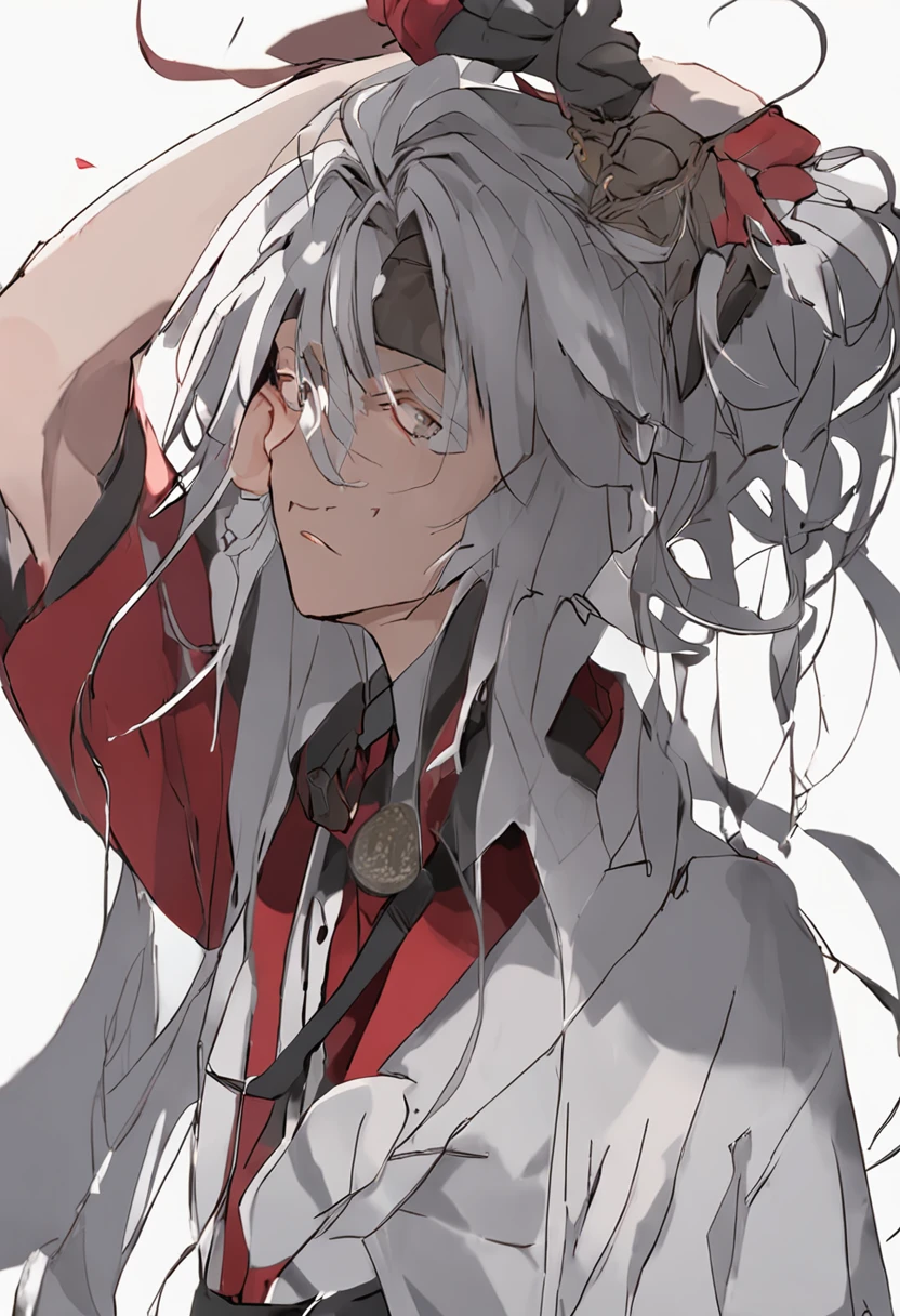 Nemu，Young age，Gray hair like clouds，Untied bun，A jasper wipe on his forehead tuck a white hair behind his head without a trace，Naturally draped，The facial features are handsome to the point of enchantment，The whole person is also clean and tidy。