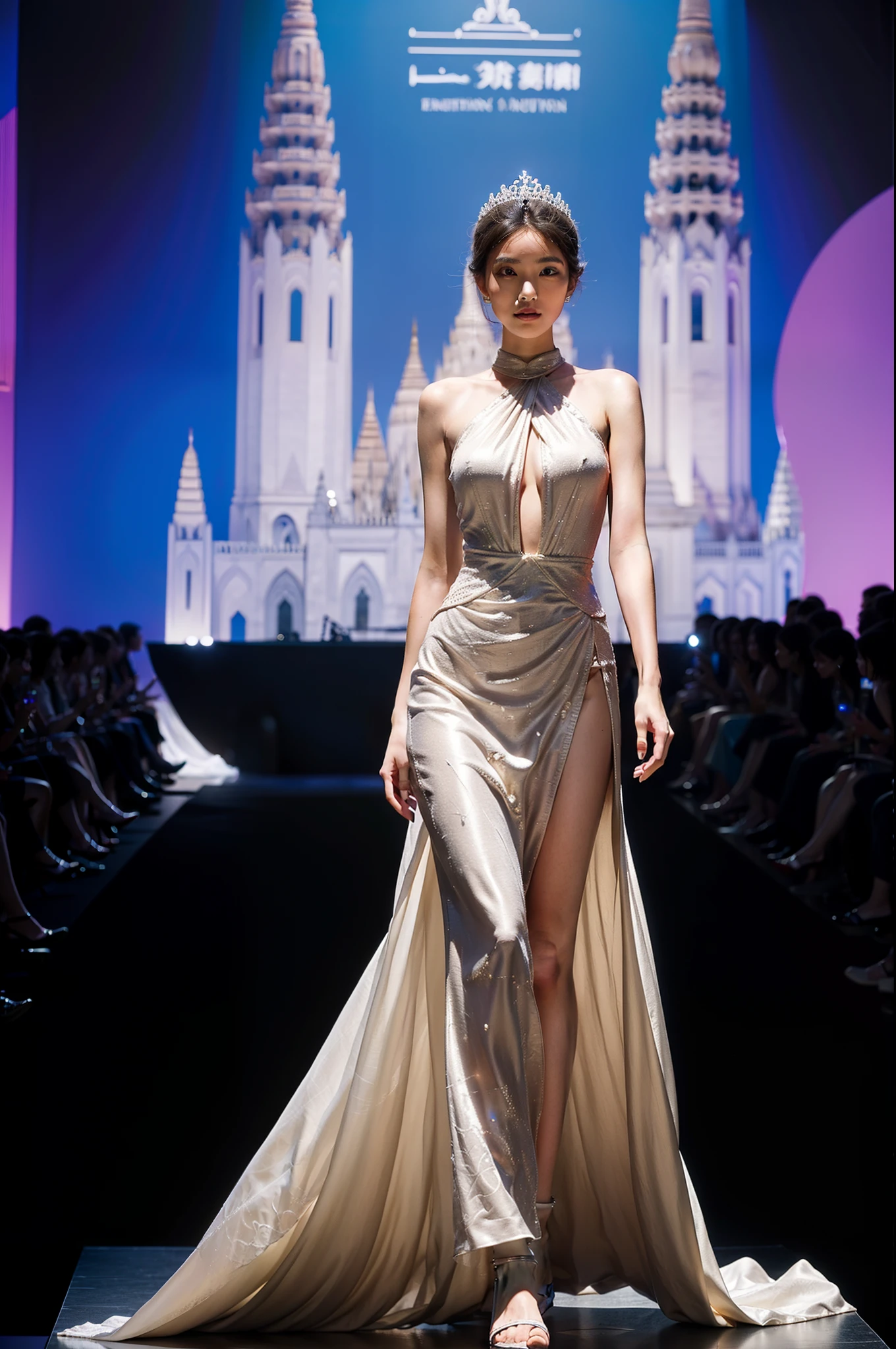 A female model gracefully walking the fashion show runway wearing a flowing digitally generated gown displaying intricate Myanmar architectural details. Geometric spire patterns digitally rendered across the dress's advanced dynamic fabric, precisely matching iconic Bagan monuments. As she strides confidently along the catwalk, projected proportions morph subtly, showcasing heritage sites from different angles. The model's dignified expression exudes pride in her nation's rich architectural history reimagined through modern technical innovation and craftsmanship. Under bright stage lights, photorealistic 8K resolution celebrates both cultural traditions and futuristic design.