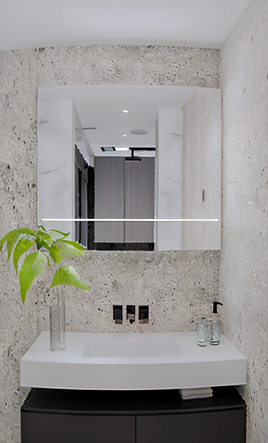 There is a plant in the vase on the bathroom sink, Modern design, premium bathroom design, detailed surroundings, natural realistic render, high quality topical render, elegant render, SleekDesign, high quality rendering, marble walls, detailed archviz render, white marble walls, Detailed rendering, award winning render, professional render, highly photographic render, precise architectural rendering, bright render