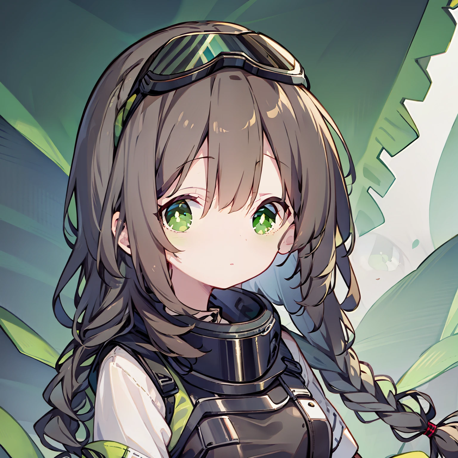 1girll，Brown hair long，Green eyes，The cheeks made of the machine，Double braid，protective goggles