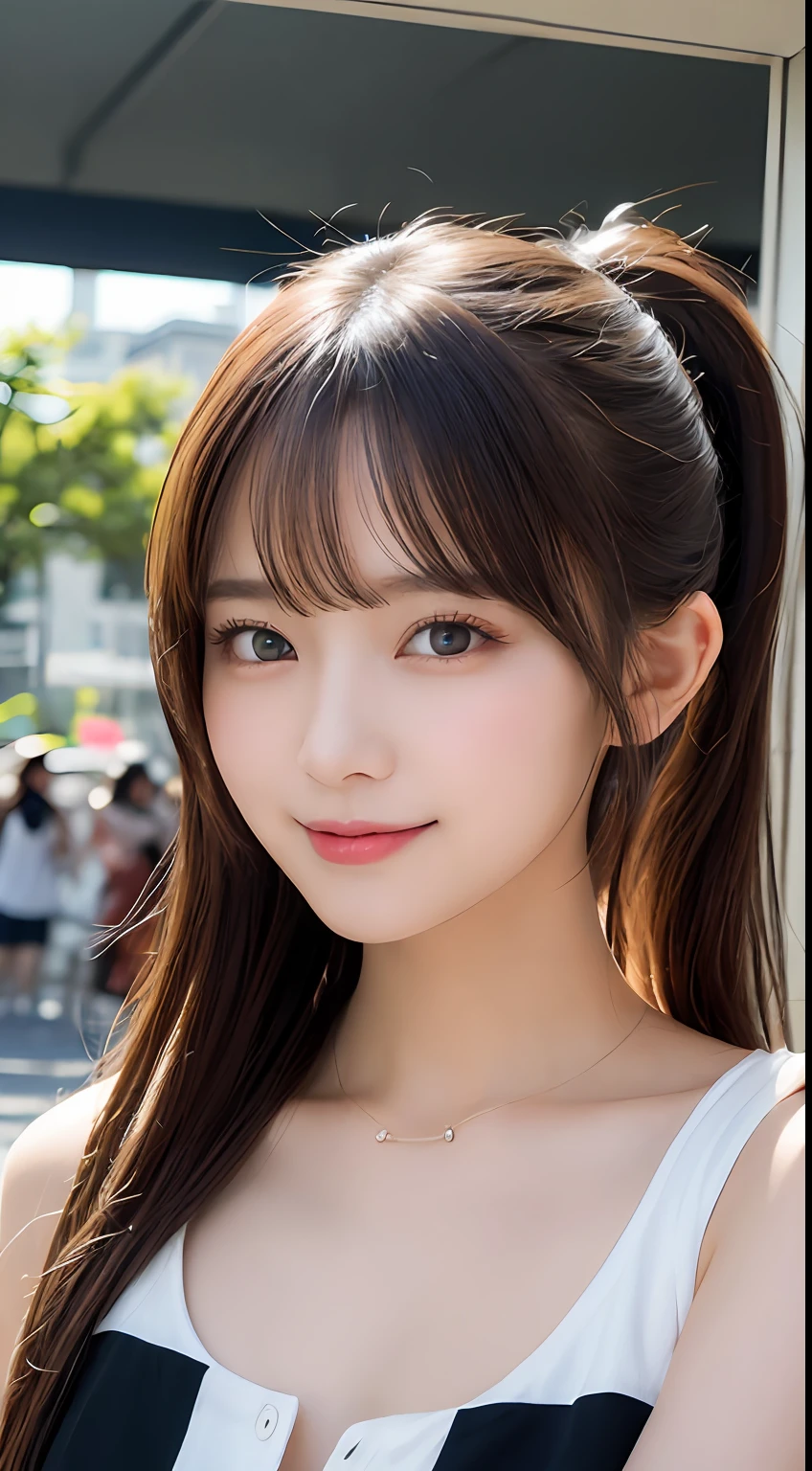 masutepiece, Best Quality, Illustration, Ultra-detailed, finely detail, hight resolution, 8K Wallpaper, Perfect dynamic composition, Beautiful detailed eyes, Women's Fashion Summer,Ponytail hair,Small breasts natural color lip, Bold sexy poses,Smile,Harajuku、20 years girl、Cute、Sexy shot looking at camera