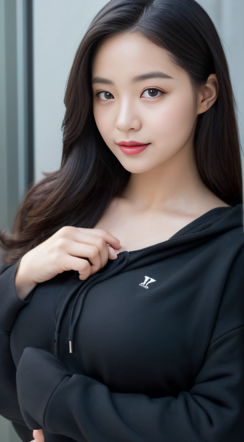 (Top Quality, 8K, masterpiece: 1.3)) , (1 person: 1.4), 1woman, a Korean woman, a goddess, 25 Years Old, portrait photos, High Contrast, Shin Projection Method, aperture F1.2, Focal Length 24mm, ( s whole body: 1.2), Sorrisos, Photo Pose, miniskirt, sweatshirt, Long black hair, Tied hair, super detailed skin details, Detailed fabric texture, Big breasts, thick-thighs
