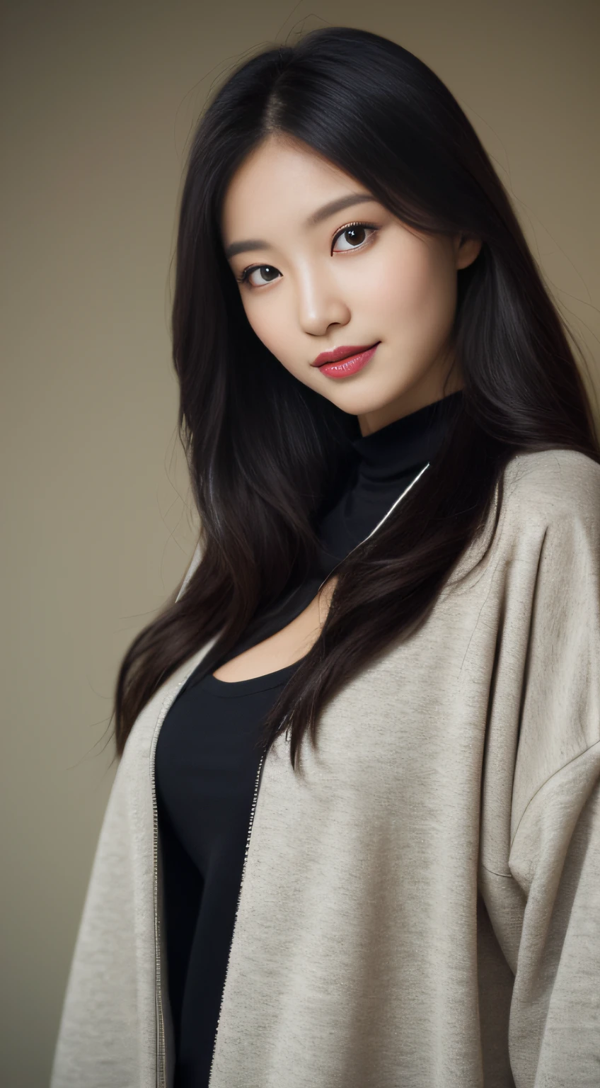 (Top Quality, 8K, masterpiece: 1.3)) , (1 person: 1.4), 1woman, a Korean woman, a goddess, 25 Years Old, portrait photos, High Contrast, Shin Projection Method, aperture F1.2, Focal Length 24mm, ( s whole body: 1.2), Sorrisos, Photo Pose, miniskirt, sweatshirt, Long black hair, Tied hair, super detailed skin details, Detailed fabric texture, Big breasts, thick-thighs