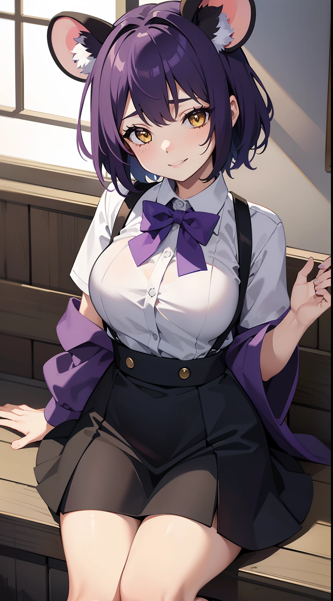 young girl, short purple hair, Yellow eyes, Mouse ears, tight white shirt with bow tie, tight black skirt, open breasts, Languid look, Lustful smile, Masterpiece, hiquality