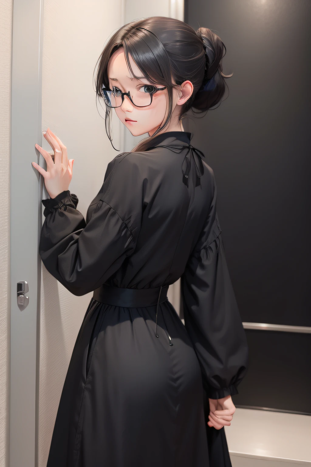 one-girl,Single ponytail hair,black long dress,eye glass,Behind the hand