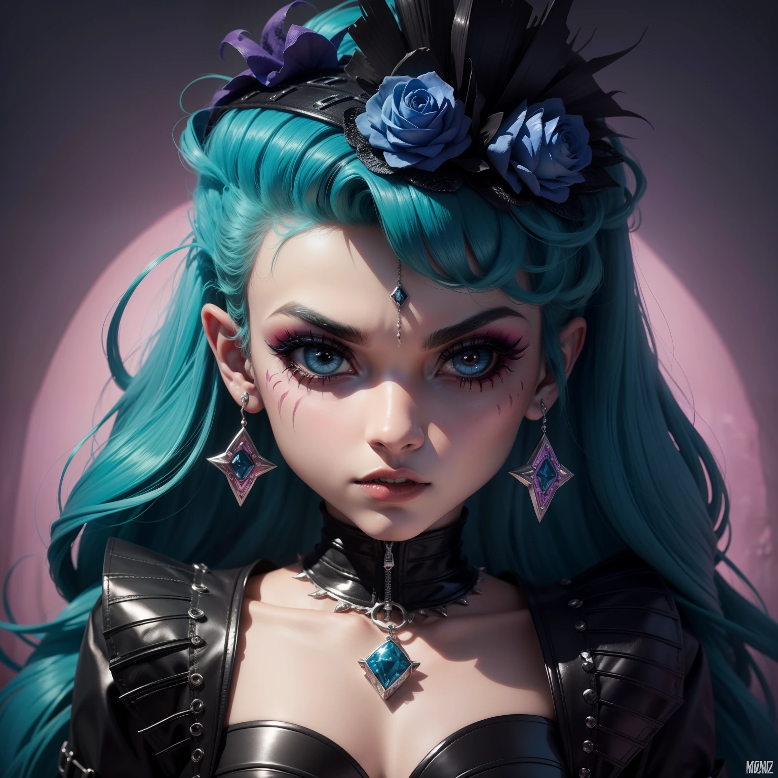 In a beautiful park a modern looking woman. It has a very colorful and striking kawaii gothic style.., with elegant makeup and a colorful wig.