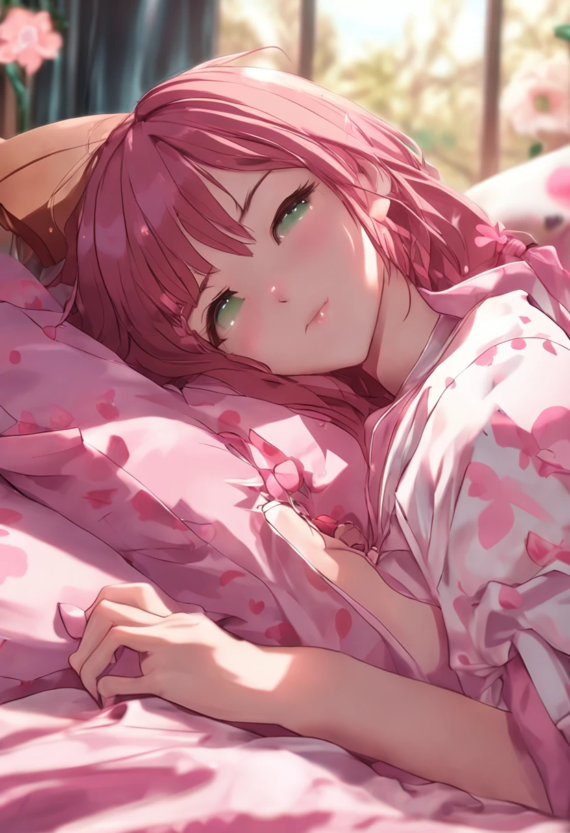 Magical girl Sakura realistic lying on bed lying on her side