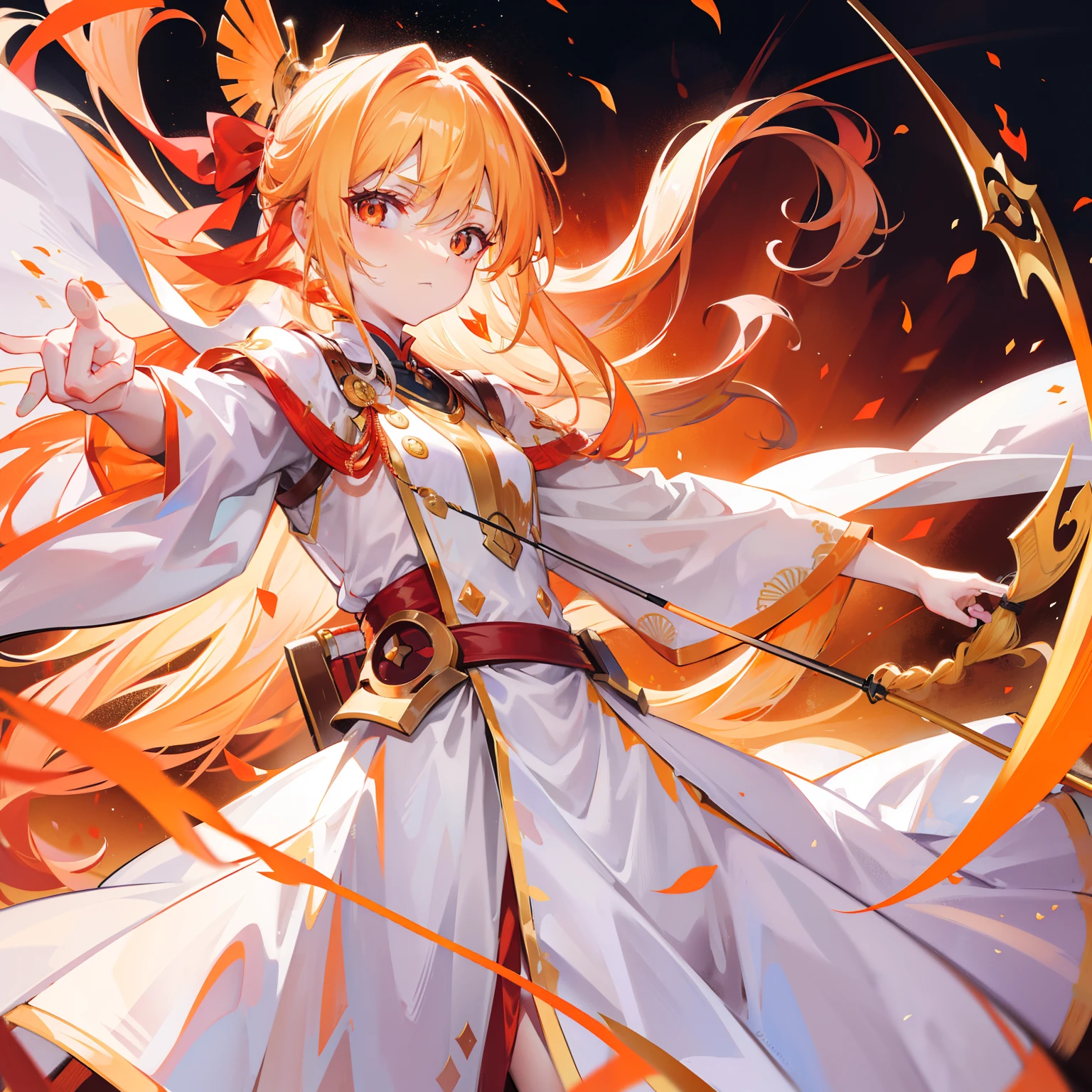 Long orange-blond hair，Warm and silky，Red pupils full of fighting spirit，Armed with a bow and arrow that can shoot the sun，Pure white clothes，Gold-trimmed clothes，She is a beautiful little sister