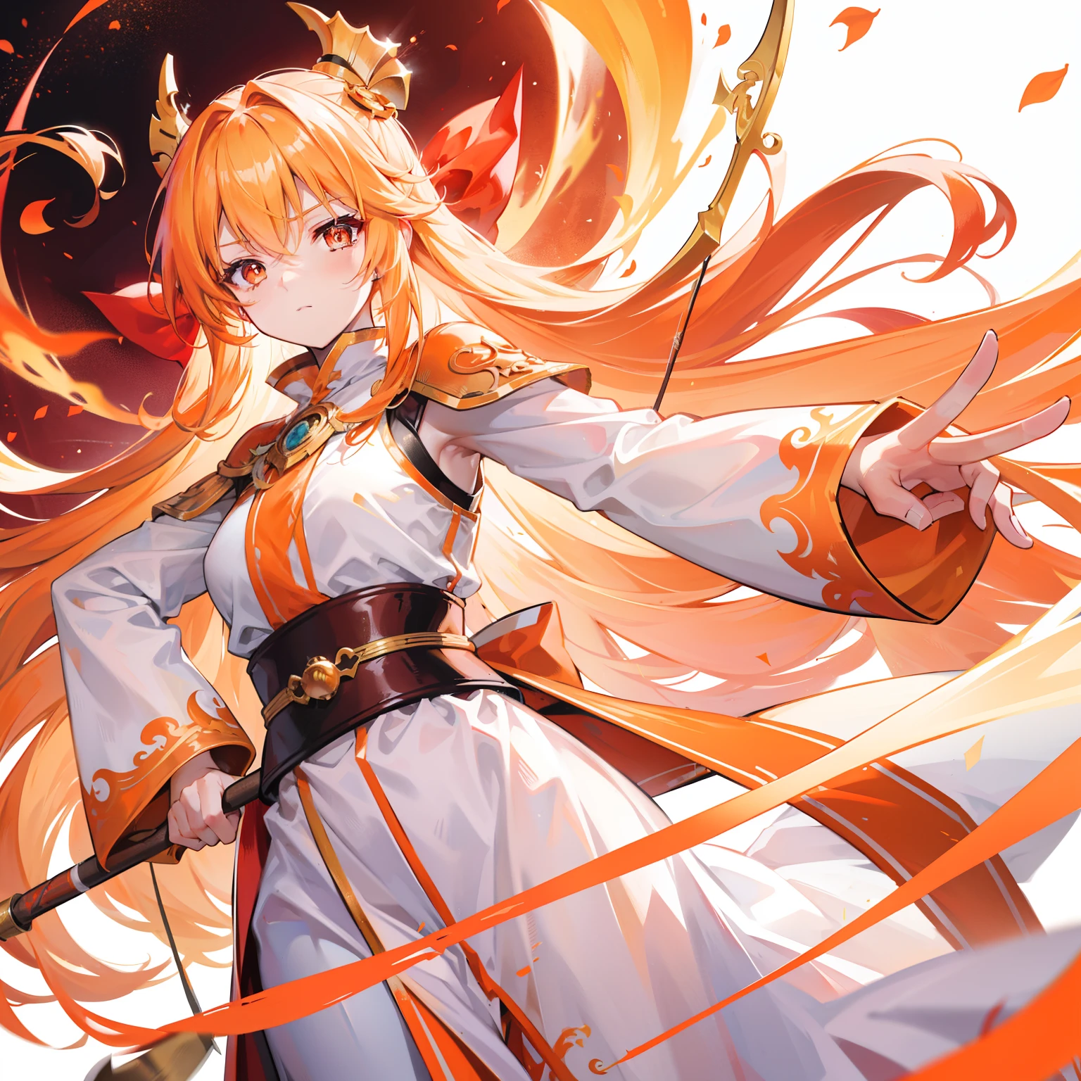 Long orange-blond hair,Warm and silky,Red pupils full of fighting spirit,Armed with a bow and arrow that can shoot the sun,Pure white clothes,Gold-trimmed clothes,She is a beautiful little sister