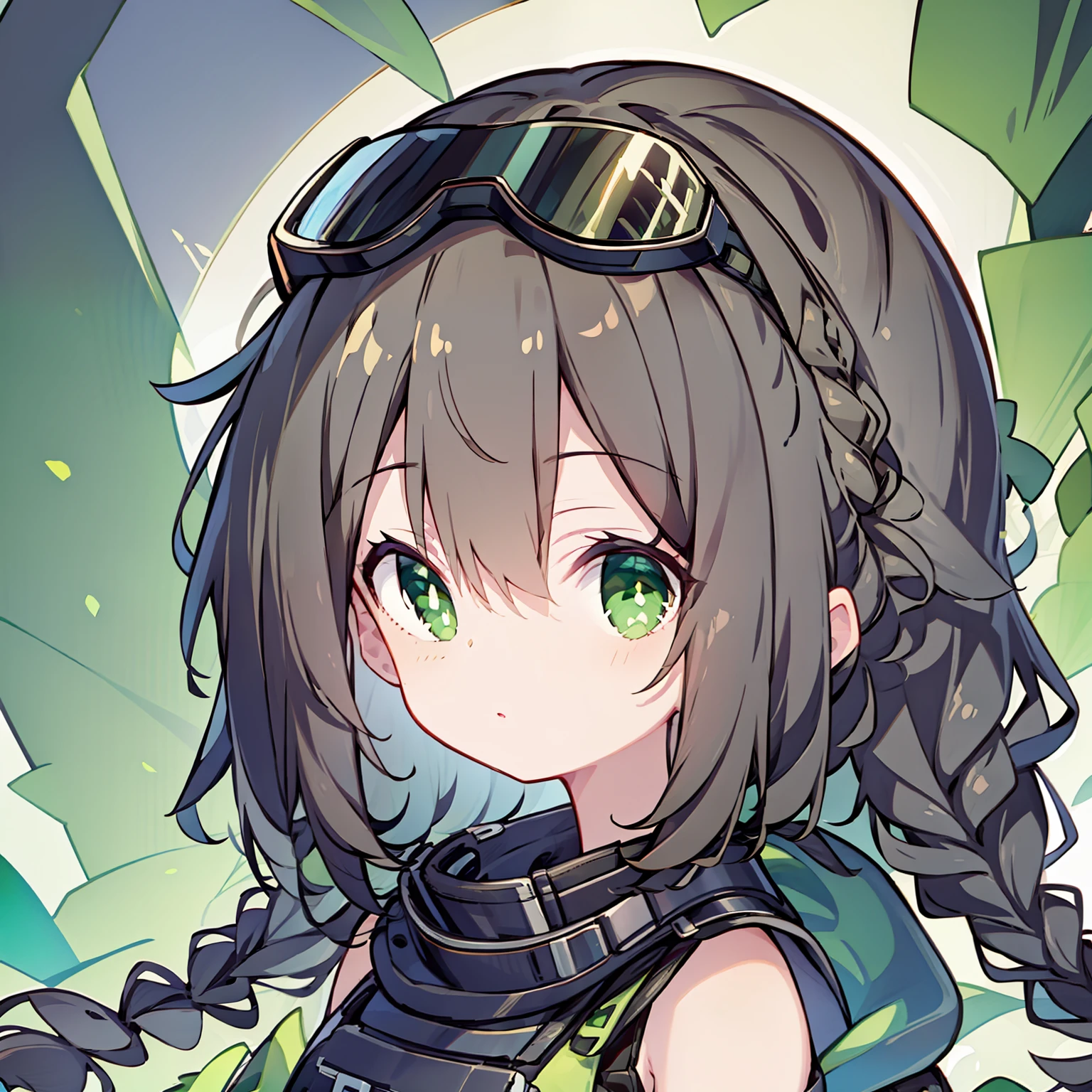 1girll，Brown hair long，Green eyes，The cheeks made of the machine，Double braid，protective goggles