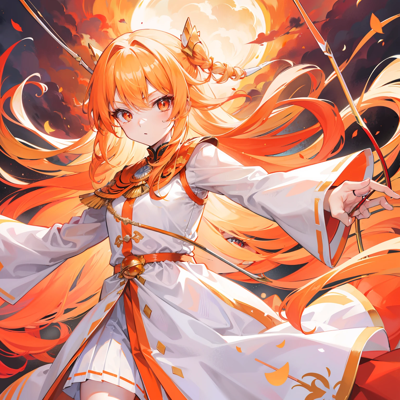Long orange-blond hair，Warm and silky，Red pupils full of fighting spirit，Armed with a bow and arrow that can shoot the sun，Pure white clothes，Gold-trimmed clothes，She is a beautiful little sister