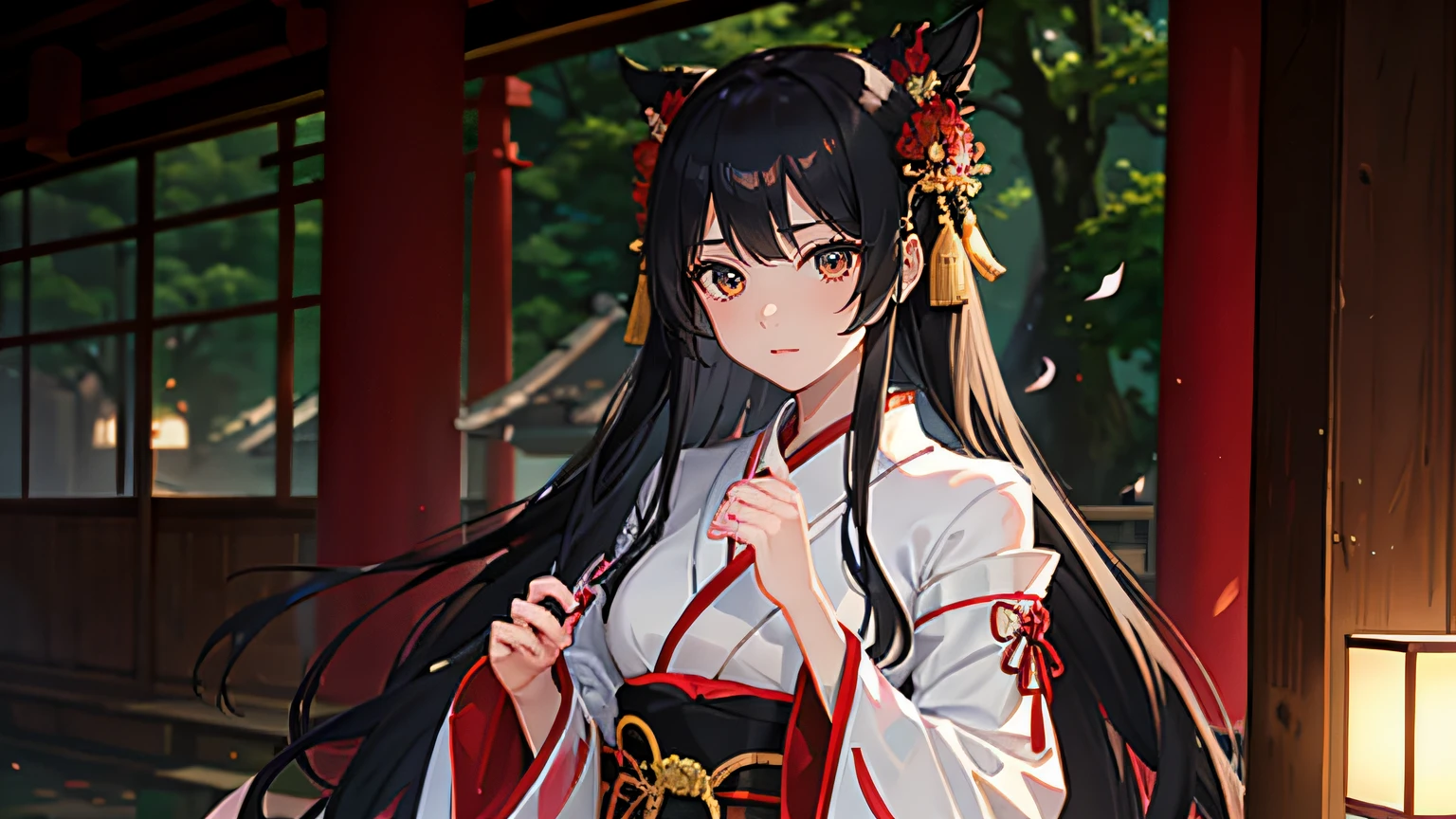 18-year-old girl、Black hair that grows to the waist、Japanese Shrine Maiden Costume、Smiling、Daytime forest、Large Torii Gate
