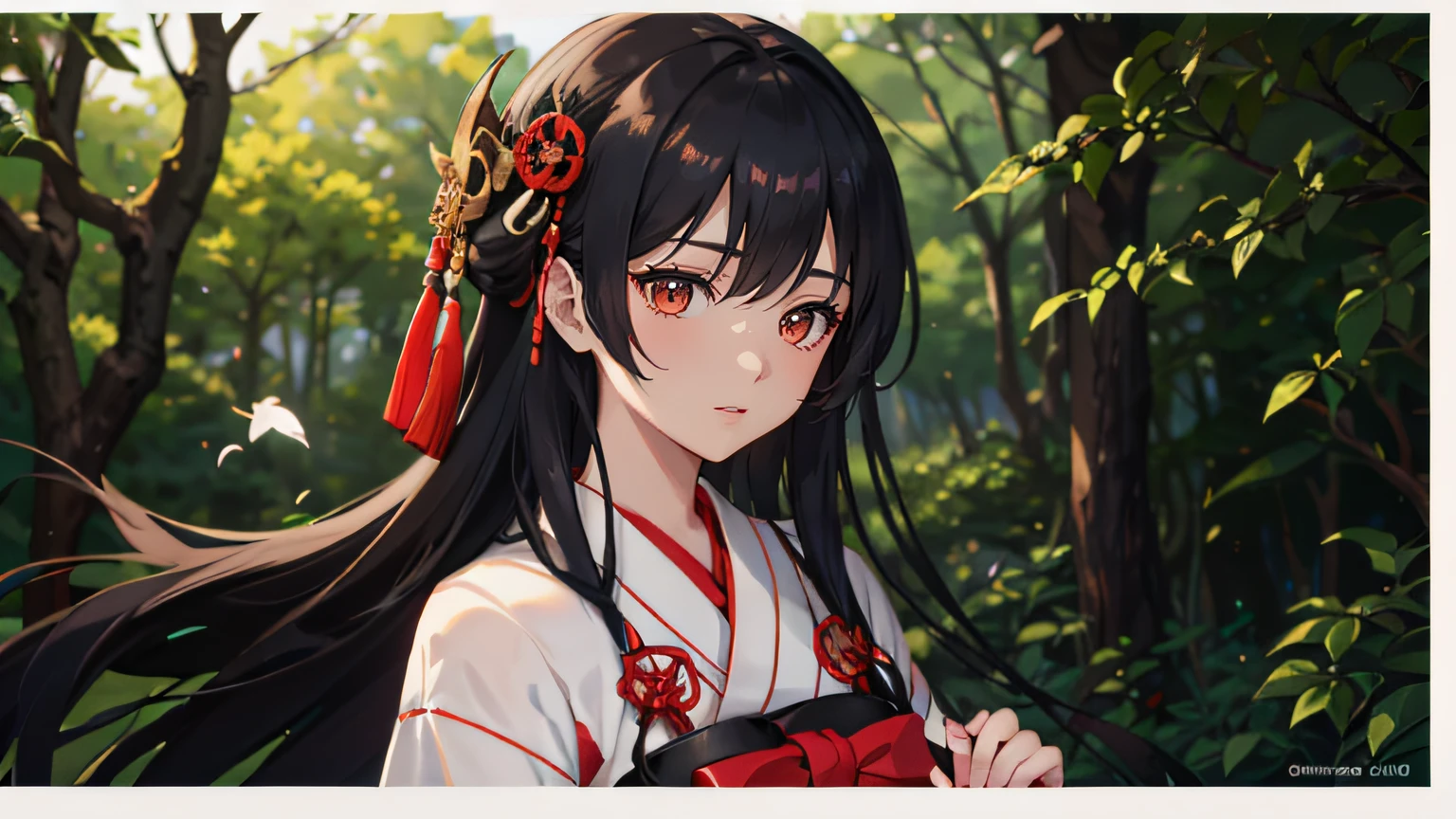 Anime girl with long black hair and red flower in her hair - SeaArt AI