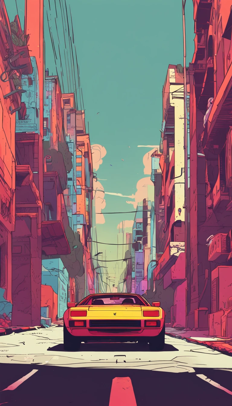 An 80s Ferrari car driving on a deserted road ::n_Style drawing, Low-quality defects, doll, gaming console, anime big breast, Texting, signatures