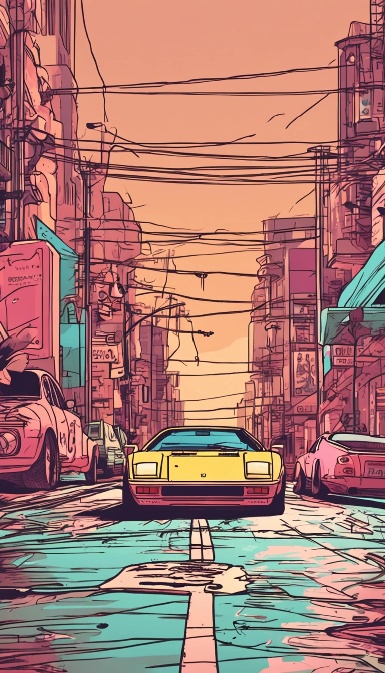 An 80s Ferrari car driving on a deserted road ::n_Style drawing, Low-quality defects, doll, gaming console, anime big breast, Texting, signatures