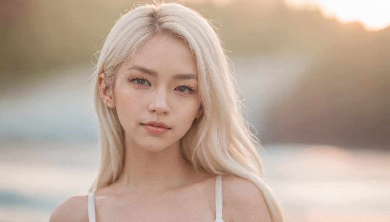 woman(25 age old), 1girll, A blonde long-haired, Blue eye contact, Young face、Omouq、Incredibly cute，white bikini top, white mini-skirt, maroon, Braided, hair pin, adiamondnecklace, Gloss on lips, Stage, Camping under the stars，There are green auroras in the sky， gigantic cleavage breasts, Bigboobs, oppai, cheerfulness，Made on the hood of a Mustang car，legs separated，Place your hands on your chest，Under the night light