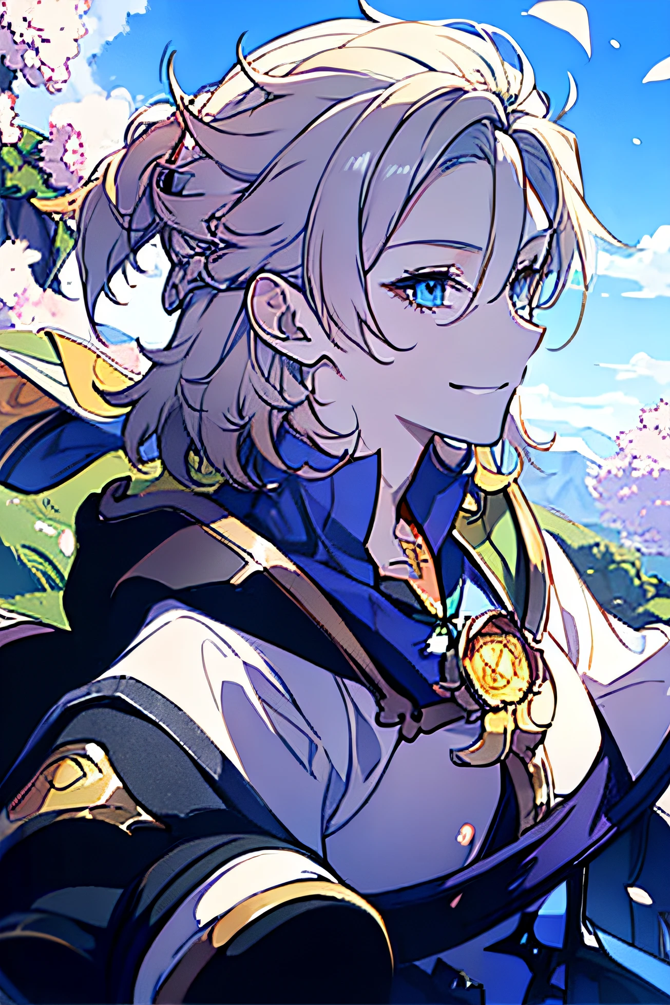 (((a smile))) albedo genshin impact have flowers masterpiece (((top-quality))) ((The ultra-detailliert)), (illustratio), Closer to the viewer, ((breezing)), Flying splashes, Flying, Scattered petals,((Beautiful detailed sky))