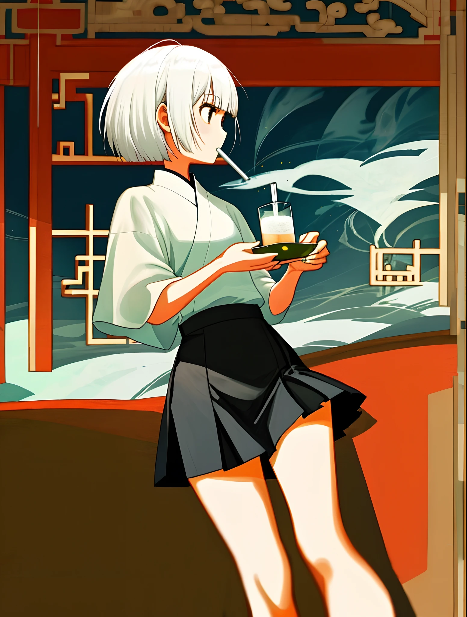 Girl gentle short hair short skirt white hair drinking Asian