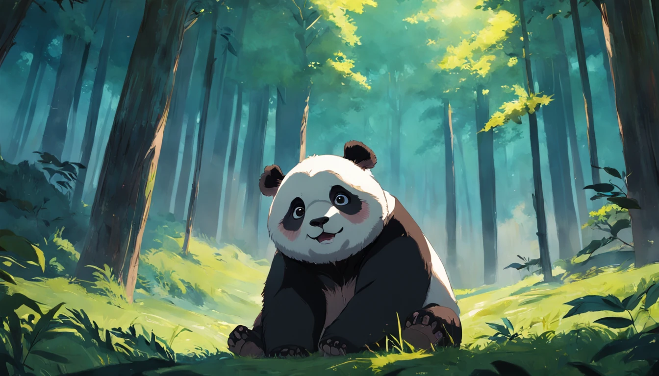 tmasterpiece, best qualityer, cinematic Film still from, 1 panda, Close up bright and bright, cheerfulness, Soft lighting and warmth, natta, Panda looking up at the sky in the forest