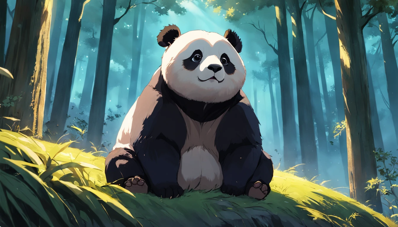 tmasterpiece, best qualityer, cinematic Film still from, 1 panda, Close up bright and bright, cheerfulness, Soft lighting and warmth, natta, Panda looking up at the sky in the forest