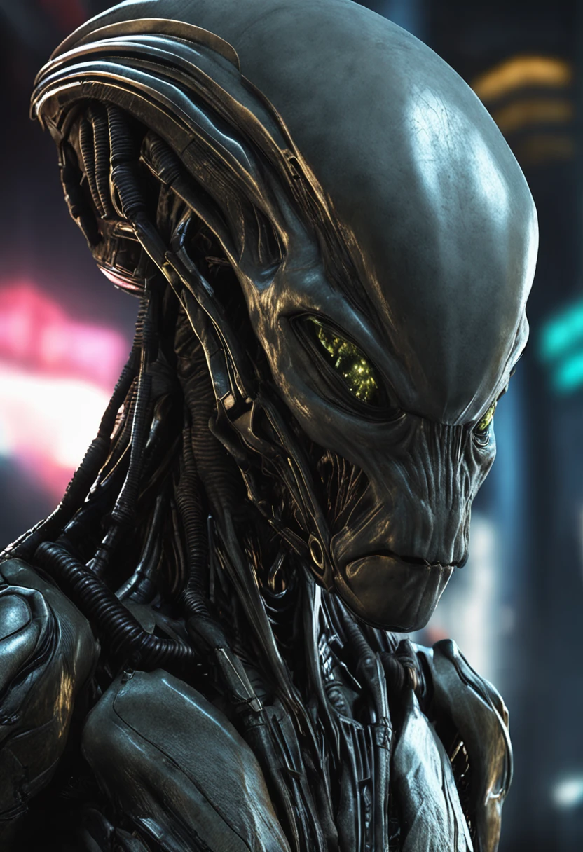 Alien invasion,eerie,head portrait,Close-up,of a real,Facial features are carefully depicted,Realistic skin texture,Dark style,depth of fields,high light,Real light,Ray traching,oc rendered,Hyper-realistic,best qualtiy,8K,Works of masters,super-fine,Detailed pubic hair,Correct anatomy,sharp focus on eyes,Bokeh,Facial features are carefully depicted