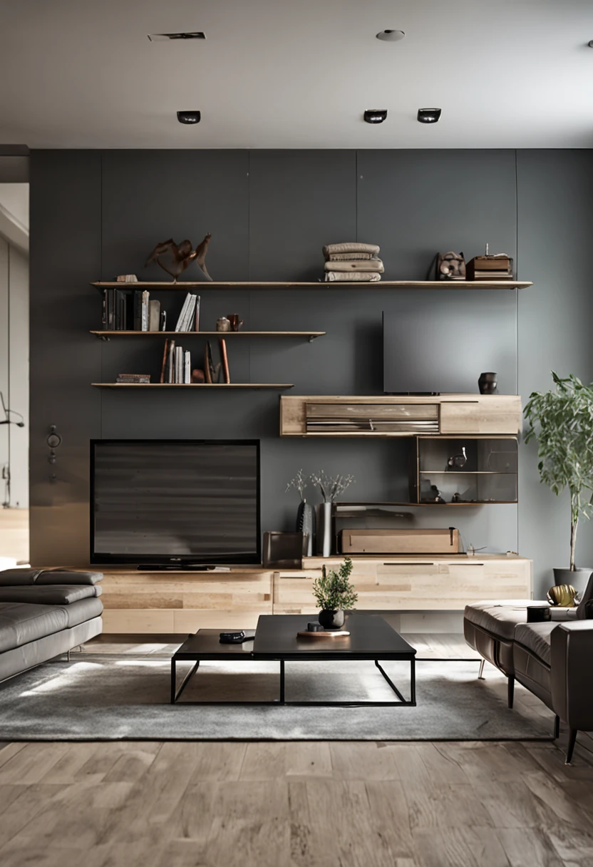Good light，Slate background wall Shot with Sony A7R camera, Real image, New apartment, 8 k''. filling of the view, The room has modern sofa，Slate coffee table，Slate TV cabinet, full - length view, Interior view, Flat image, taken with sony alpha 9, Light gray floor tiles
