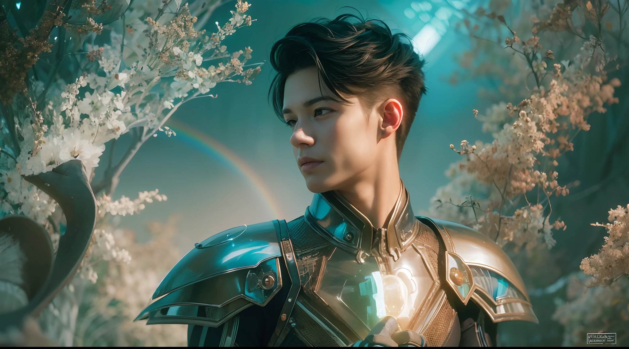 1boy, photo of very very handsome suave smiling young 25-year-old male Chinese prince, clothed in futuristic cybernetic armor, wearing a large futuristic crown, walking in an ethereal enchanted forest with neon glowing flowers and a rainbow in the sky, sci-fi, intricate, neon light, ((perfect face)), ((perfect hands)), ((perfect body)), ((correct anatomy)), ((ultra-realistic)), ((8k, UHD)), highly detailed, digital painting, artstation, concept art, human anatomy, soft light, smooth, illustration, art by tian zi and craig mullins and WLOP and alphonse mucha