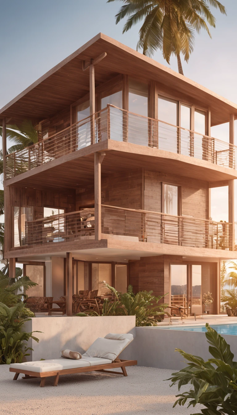 Beach development, Ground floor bungalow style, Minimalist, Detail of wooden slats, Facades with windows and small balconies, swimmingpool, Coconut trees, Sunset lighting, photorealistic image, cinematic ligh