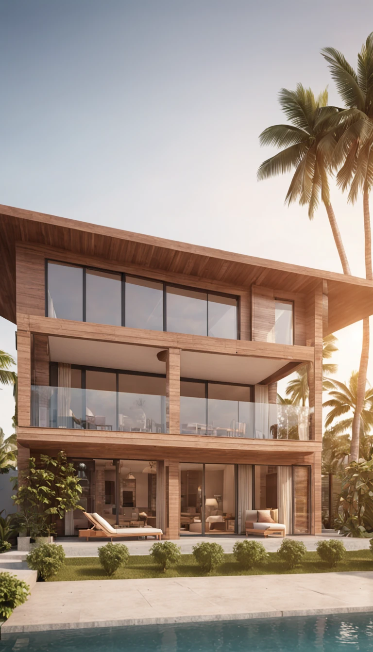 Beach development, Ground floor bungalow style, Minimalist, Detail of wooden slats, Facades with windows and small balconies, swimmingpool, Coconut trees, Sunset lighting, photorealistic image, cinematic ligh