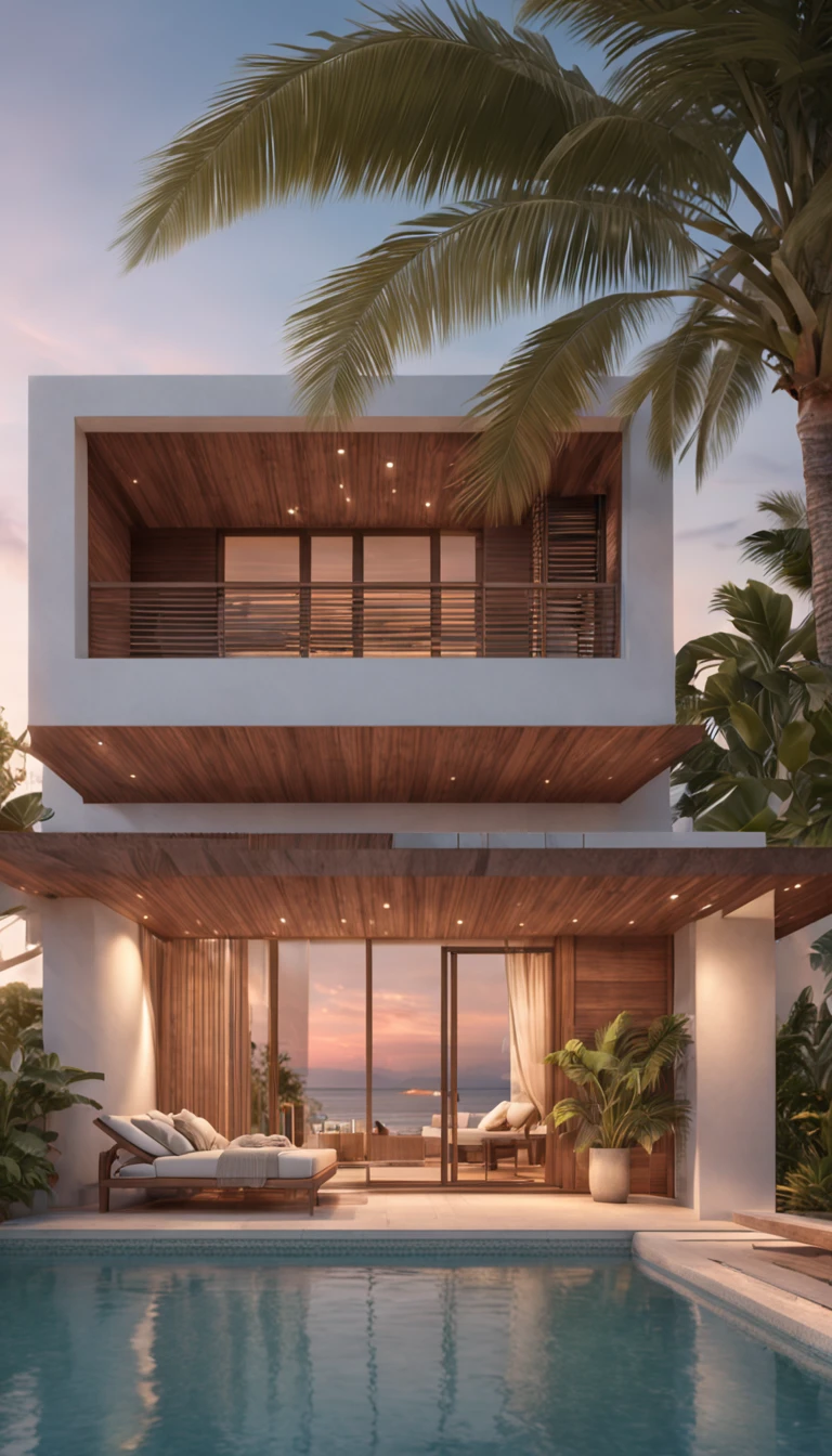 Beach development, Ground floor bungalow style, Minimalist, Detail of wooden slats, Facades with windows and small balconies, swimmingpool, Coconut trees, Sunset lighting, photorealistic image, cinematic ligh