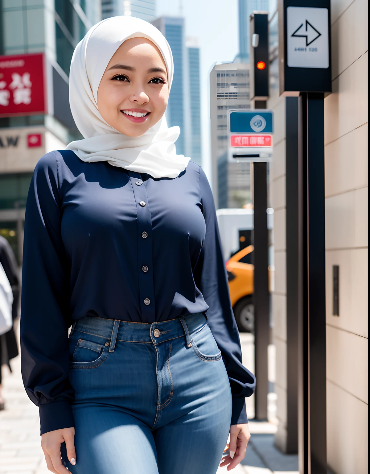 (8k, RAW photo, best quality, masterpiece:1.2), (realistic, photo-realistic:1.37), best quality, ultra high res, photon mapping, radiosity, physically-based rendering, 1 malay girl with hijab, ((Pantsuits)),((blouse)), ((jeans)), ((smart face)), (laughing), (happy), (malay idol), ((puffy eyes)), looking at viewer, posing, (close medium shot), small breasts, busty, cityscape, day, photographed with a nikon d850, Nikon AF-S nikkor 58mm f/1.4G lens, by Laurence Demaison, ((wink)), ((hair blown by air)) , michellemylett2,