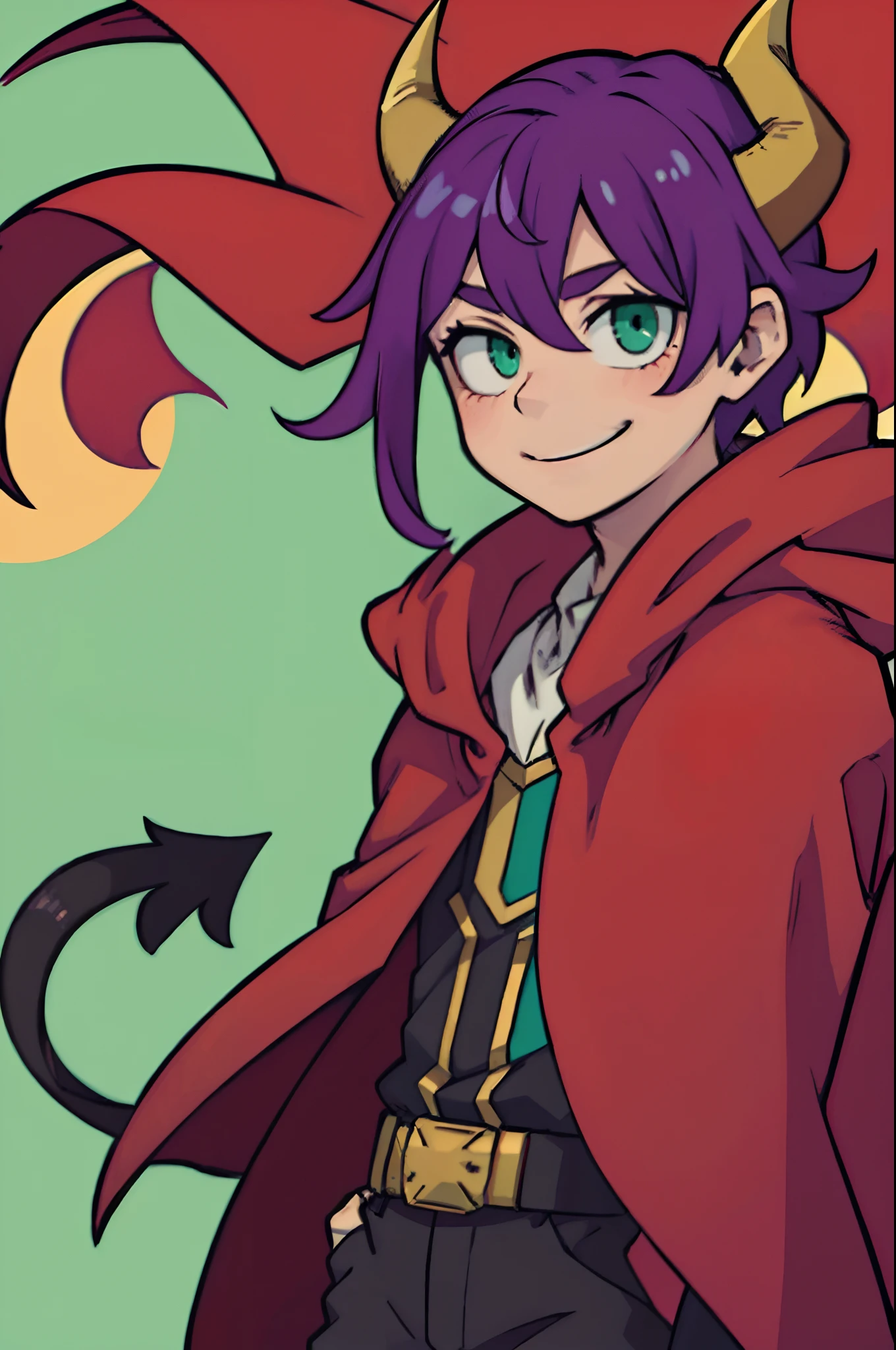 Boy with purple hair、((Green eyes))、Devil's horns and tail、((Deformed))、A smile、red cloak、Composition that reflects the whole body、No background