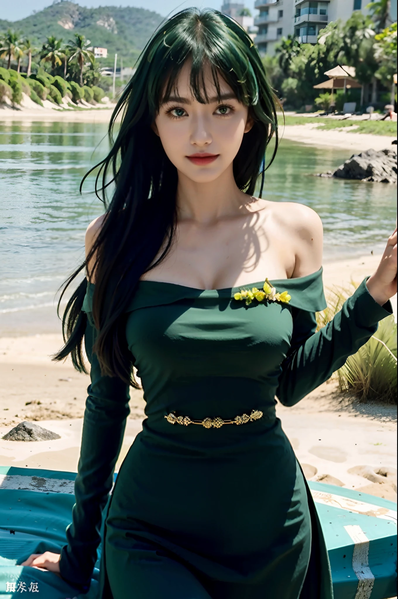 "one-girl，masterpiece level work，Best Picture Quality，Facing the camera，cleavage，ssmile，green skirt，Raised sexy，look straight at the camera，long whitr hair，perfect bodies，beachside，Green hair，Off-the-shoulder attire。Large breasts