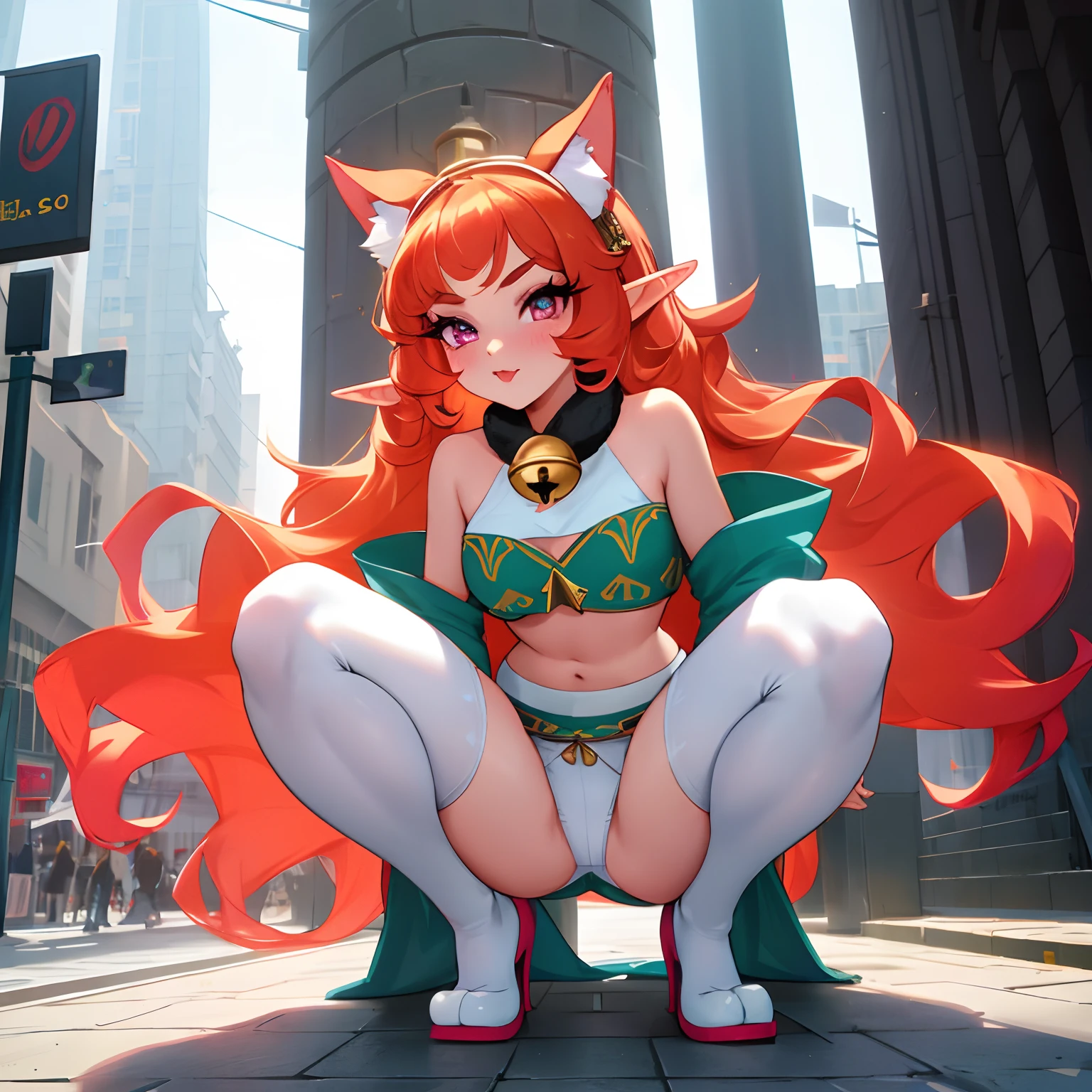 Crop Top Girl,There is a best line,Paws are graceful,elf-ears,There is a bell around the neck,largeeyes,Little mouth,eyelashes are very long,Eyes have light,ultra wide-angle,Image quality is delicate,The character is now on the street ,The hair was long,wavy roll,White tights,Squatting on the ground,Panties with legs spread and colorful patterns visible,Facing the camera