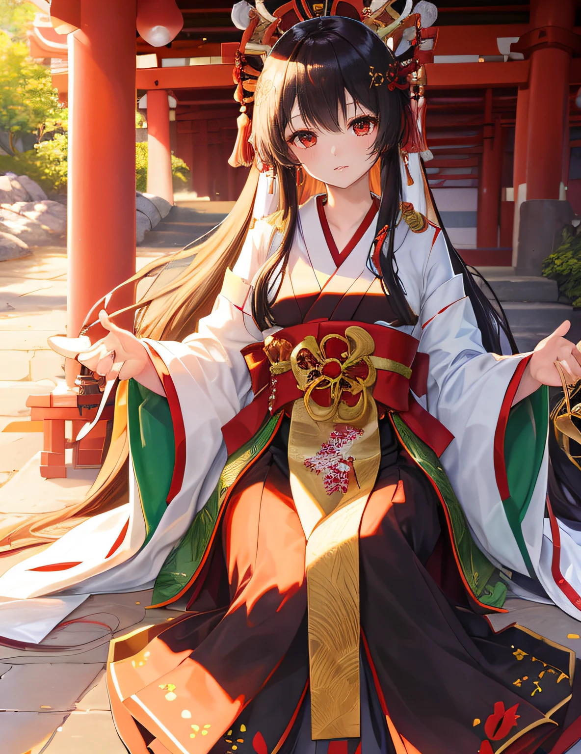 An elegant Japanese shrine maiden, beautiful long hair, black hair, performing her duties at a shrine, medium: photography, style: ethereal and culturally rich, lighting: dappled sunlight with soft shadows