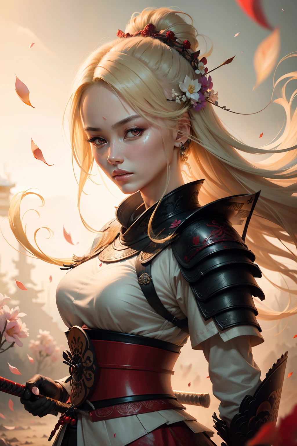 qifenglin; award winning half body portrait of a beautiful blonde woman in a samurai armor, samurai sword, paint splashes, hair blowing in the wind, flower petals, outrun, vaporware, digital art, trending on artstation, highly detailed, fine detail, intricate