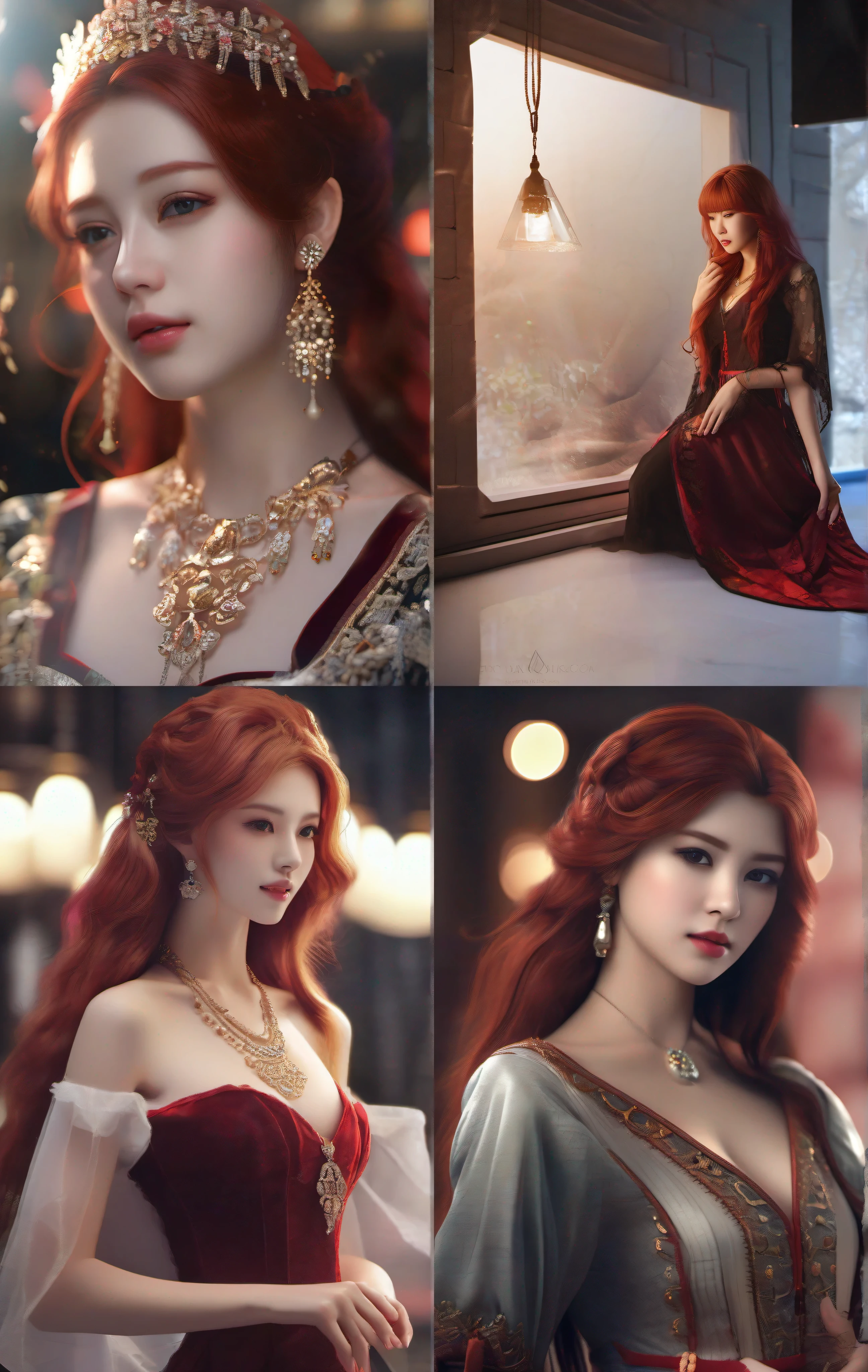 Vampire, Best quality, Masterpiece, A high resolution, 1girll,china dress,Red hair, hair adornments,necklace, jewelry,Beautiful face,Whole body Tyndall effect,Photorealistic, Dark Studio, rim lit, twotonelighting,(highdetailskin:1.2), 8K UHD, Digital SLR, Soft lighting, High quality, voluminetric lighting, candid, photographed, high resolution, 4K, 8K, Bokeh