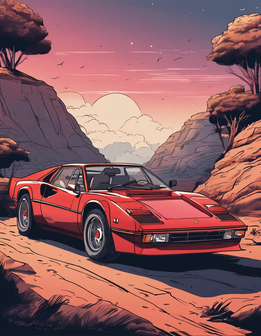 An 80s Ferrari car driving on a deserted road ::n_Style drawing, Low-quality defects, doll, gaming console, anime big breast, Texting, signatures