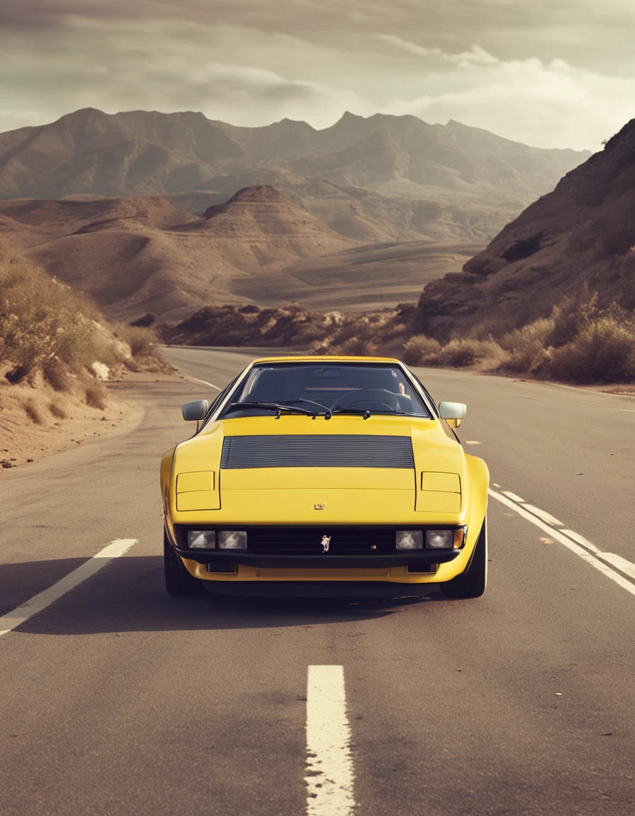 An 80s Ferrari car driving on a deserted road ::n_Style drawing, Low-quality defects, doll, gaming console, anime big breast, Texting, signatures