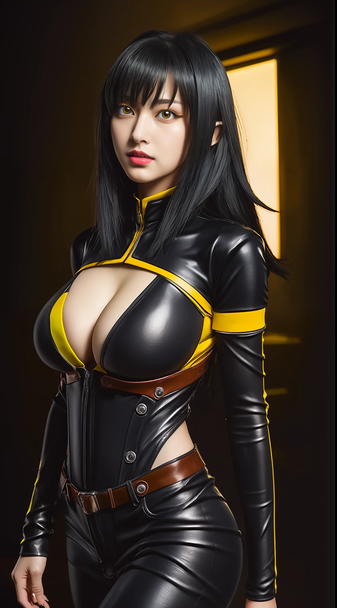 professional artwork, Intricate Details, field of view, sharp focus, detailed painting, photorealistic lighting, trending on pixiv,(masterpiece:1.0),(best_quality:1.0), ultra high res, ultra-detailed, photography, 8K, HDR, highres, absurdres:1.2, Kodak portra 400, film grain, sharp focus, bokeh:1.2, lens flare, (vibrant_color:1.2), (((indoors, dark night district))), Annerose, 1girl, female mature, ((long hair, black hair:1.4)), (((yellow eyes:1.4))), (((large breasts:1.4))), ((bodysuit)), skin tight, hair intakes, (((solo:1.4))), (upper body, half body shot, covered breasts), seductive, shiny clothes, (((looking at viewer))), (((upper body, half body shot))), ((hyper realistic, realistic face, realistic skin, realistic lips, realistic eyes, realistic bodysuit, hyper detail bodysuit)), cosplay annerose
