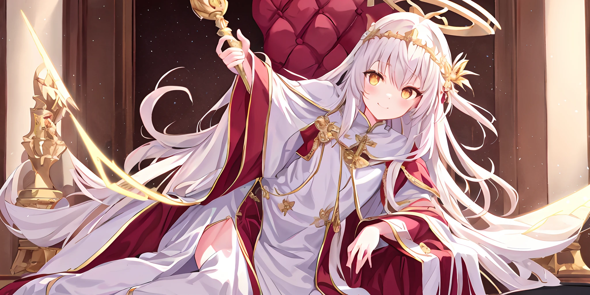 Pope full body，one-girl，Poor milk，On the scepter，Lie down in bed（long white robe，The pattern is complex））red shawl，（cute anime face），Gold eyes，long  white hair，ssmile，The halo，（Sit on a low throne），In a magnificent castle，ultraclear