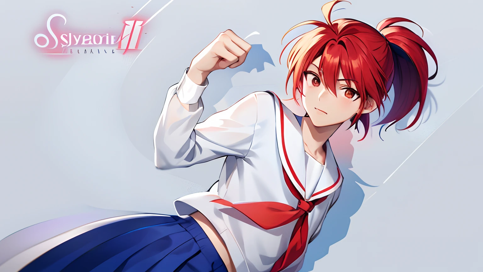 Anime Boy with Red Hair, Anime boy in white sailor suit, Anime boy in blue skirt, Anime boy poses for photo, Boy with red short ponytail hair, Boy with brown eyes, aya takano color style, Muscular men,
