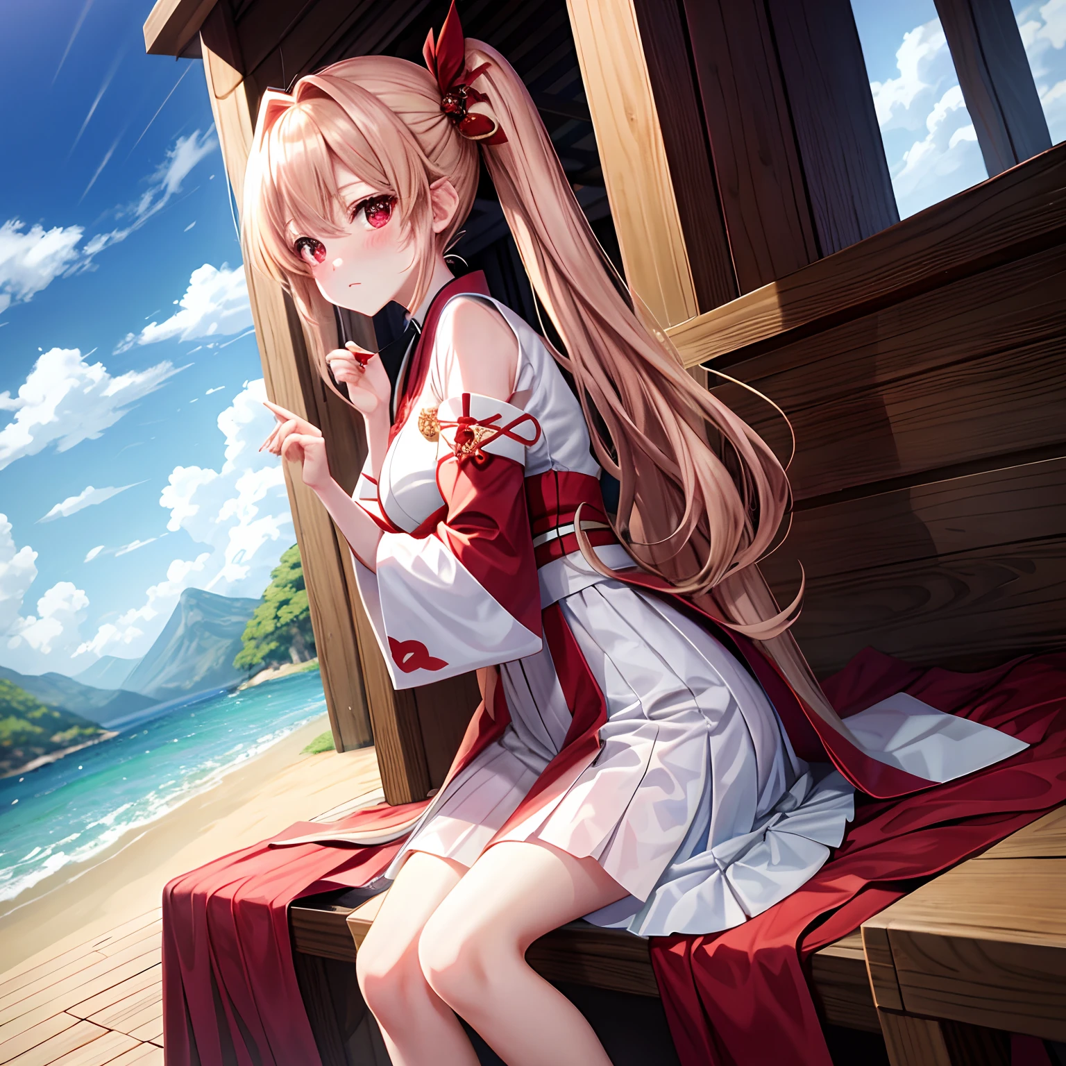 red blush、a blond、red eyes、Beautiful girl alone、animesque、独奏、Komono、lonely、sitting on