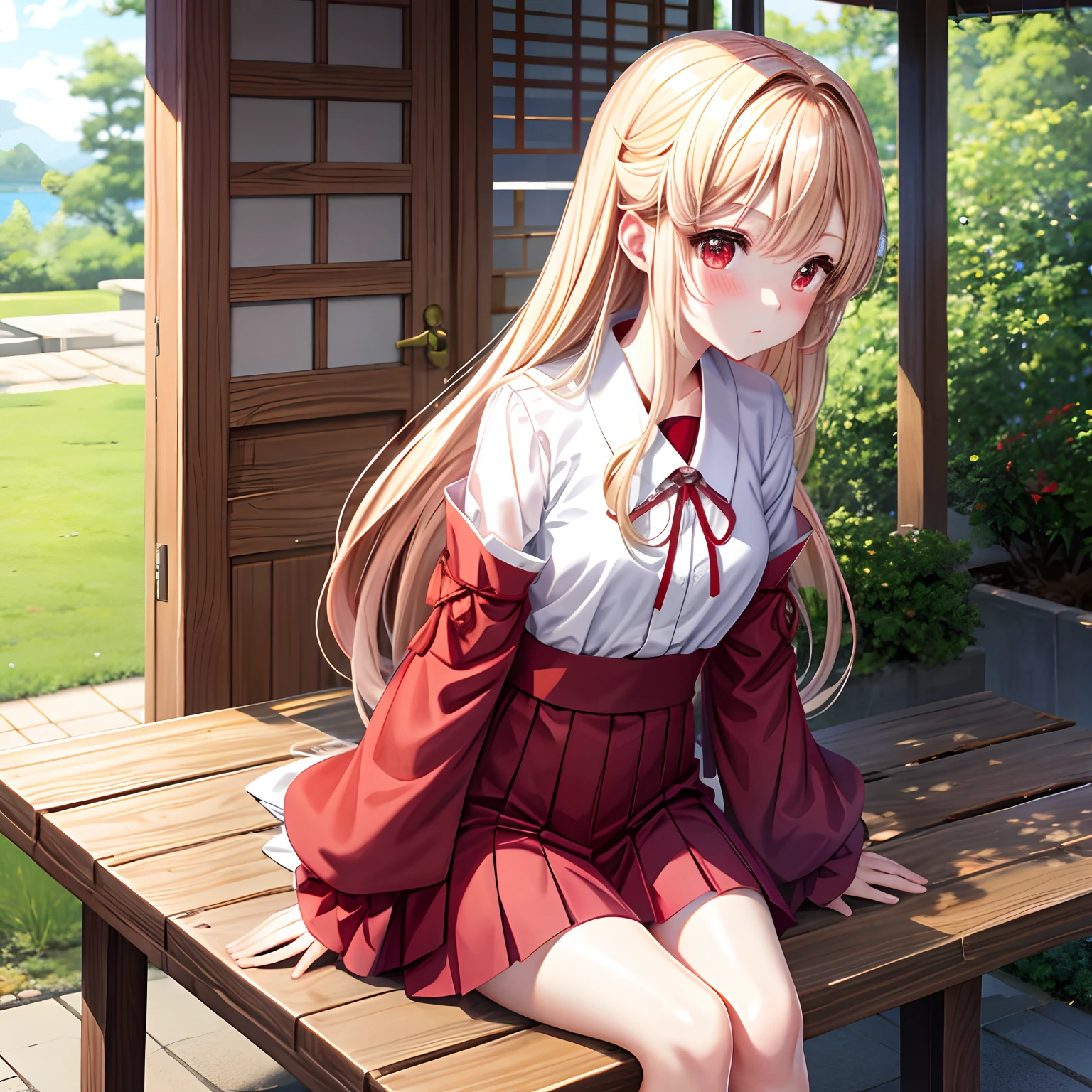 red blush、a blond、red eyes、Beautiful girl alone、animesque、独奏、Komono、lonely、sitting on
