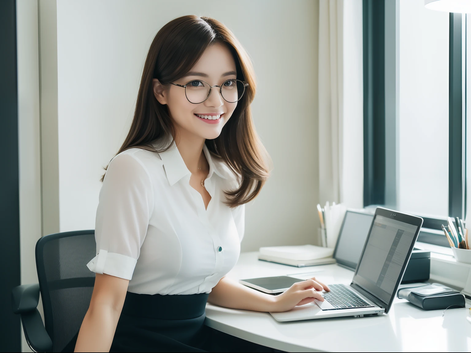 Stylish office、Woman sitting at desk、eye glass、Face peeking into laptop、Finger tapping on the keyboard、White blouses、a short skirt、A slight smil