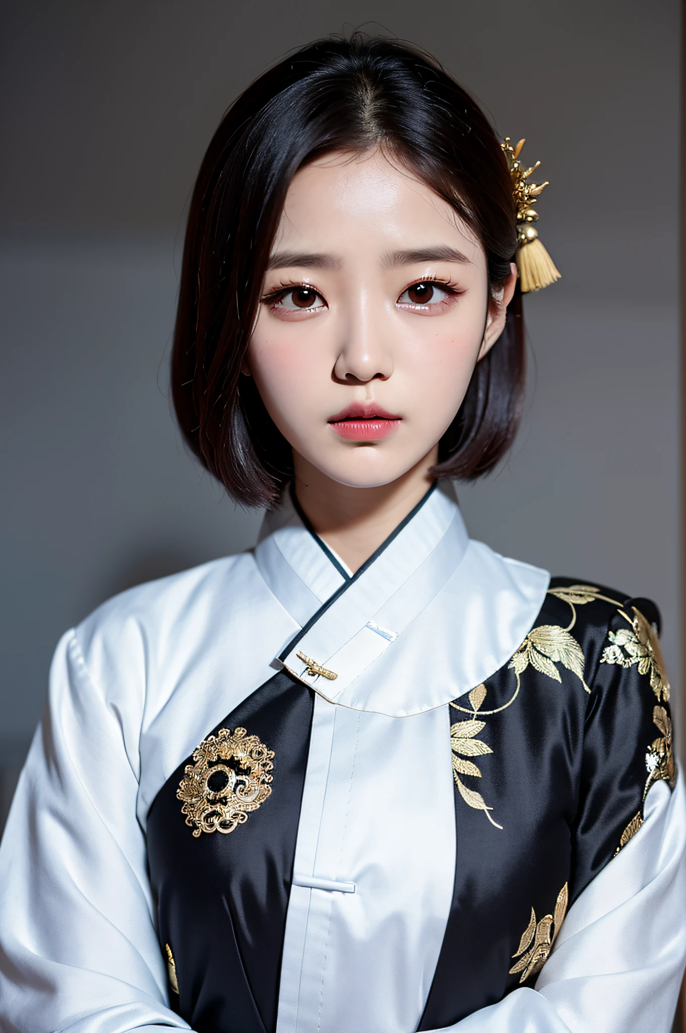 (Gyeongsan:1.5), a closeup, ​masterpiece, top-quality, ultra-detailliert, Raw foto, Photorealsitic:1.2, unbelievable Ridiculous, hight resolution, finely detail, extra detailed face, extremely detailed eye, Sharp pupils, a very beautiful woman, 独奏, short-hair, huge tit, depth of fields, foco nítido, Cinematic lighting, Kyungsan Suit