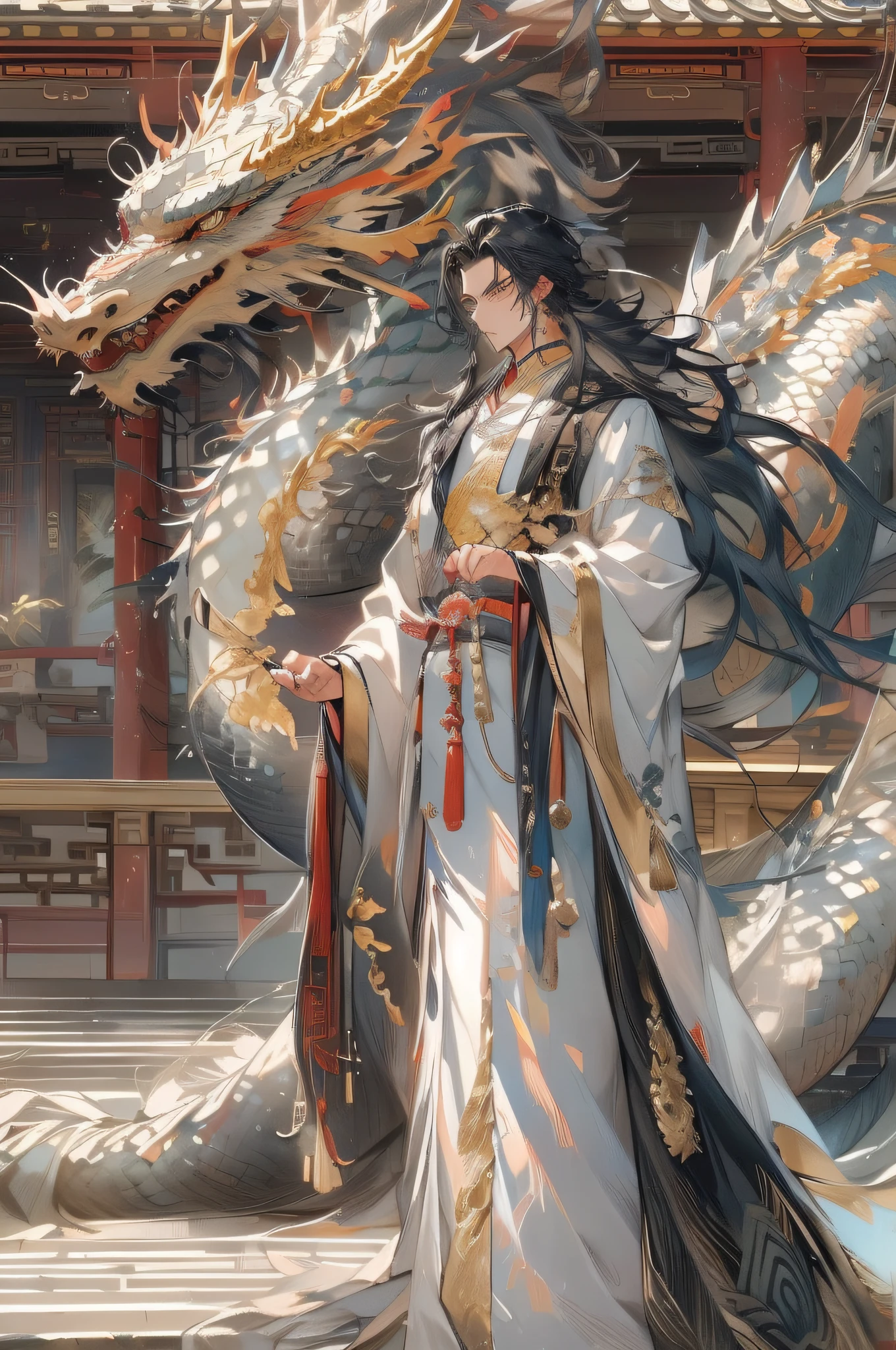 Masterpiece humanoid dragon, Best Picture Quality, 1 handsome mature man, Ancient Chinese palace background, Black hair and silver eyes, golden dragon, Long hair with split ends on the forehead, Black and gold dress, The dragon pattern is meticulously detailed, Serious and mighty, Saber Lingfeng, The face is cold and delicate, Handsome royal style, Tall stature, Accented with gold patterns, A calm and calm temperament。