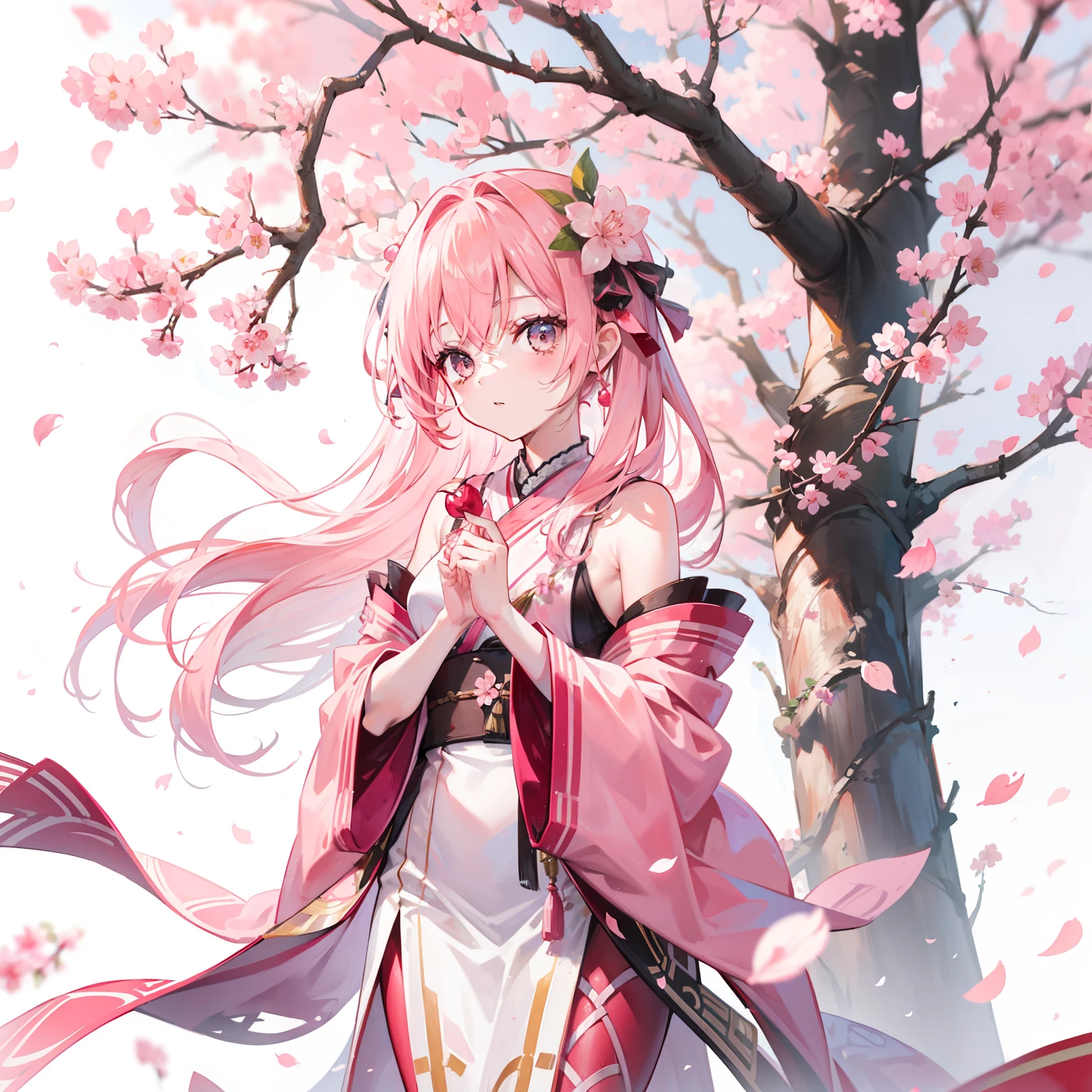 Peach blossom pink straight hair，Wearing pale pink Han costumes，Holding a cherry blossom branch，in the background, Beautiful cherry blossom trees are scattered with cherry blossoms，She is a gentle, cute, slender and petite sweet girl