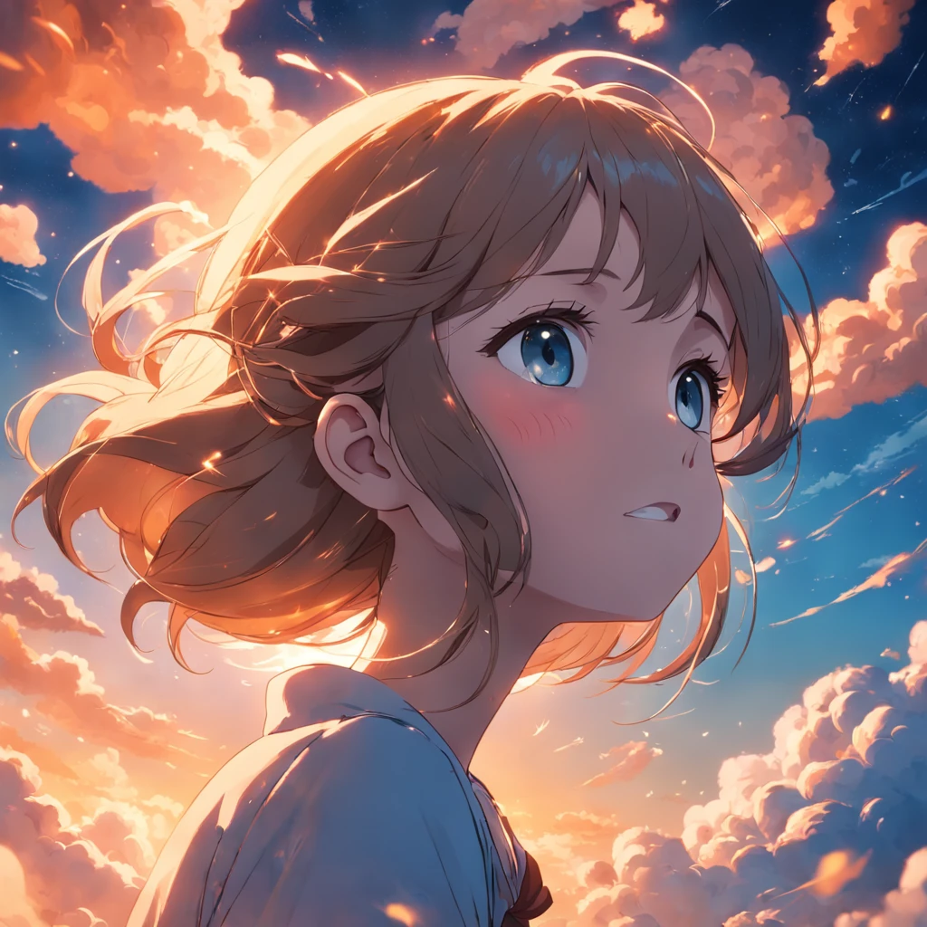 masterpiece, best quality, movie still, 1girl, cloud girl, floating in the sky, close-up, bright, happy, warm soft lighting, sunset, (sparks:0.7)
